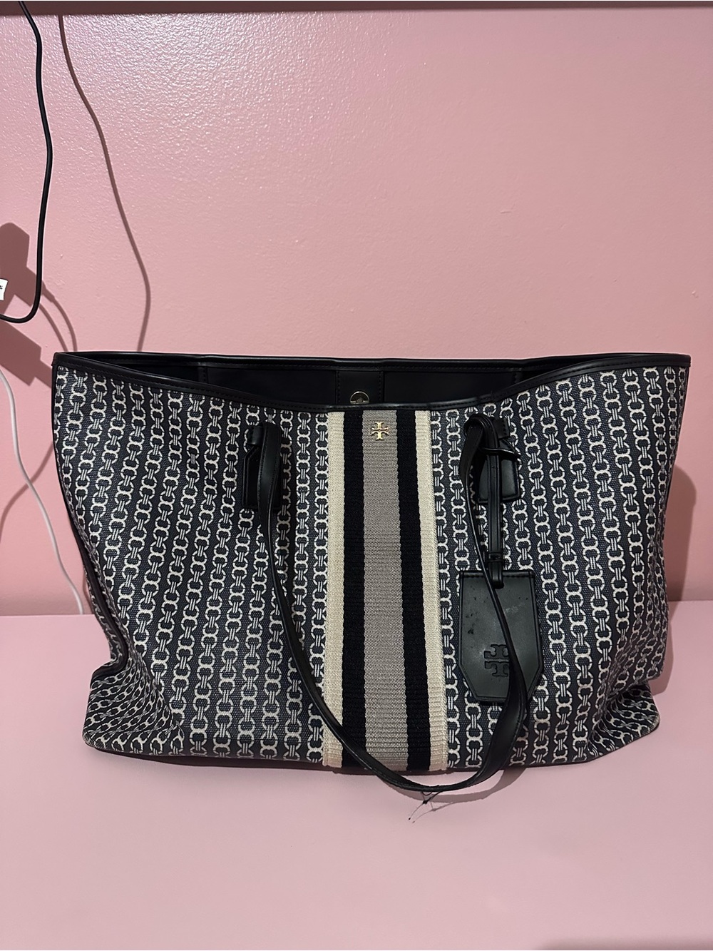 Tory Burch Black & Cream Signature Stripe Tote